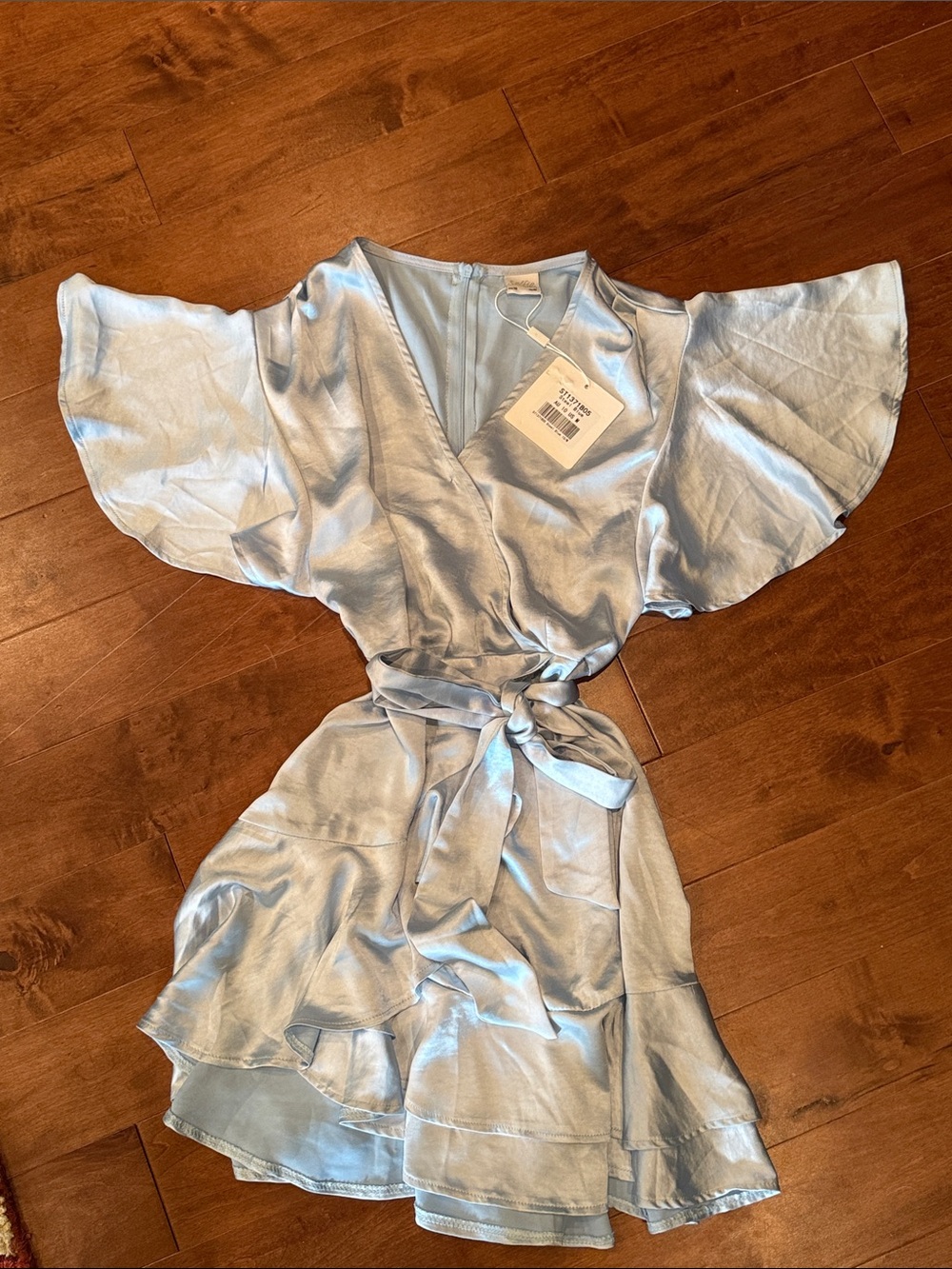 Selfie Leslie Light Blue Satin Wrap Mini Dress